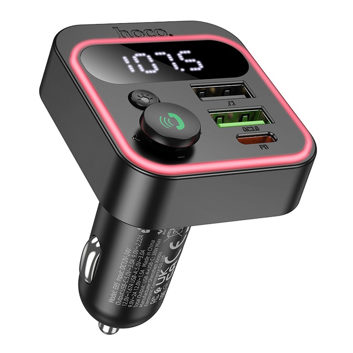 FM modulátor adapter, Hoco E85, környezeti világítás, 2x USB és 1x Type-C, teljesítmény 38 W, fekete