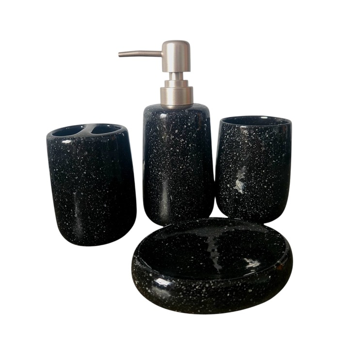 Set accesorii pentru baie, 4 piese, din ceramica, culoare Negru, dozator de sapun, suport periuta si pasta de dinti, pahar si suport sapun solid