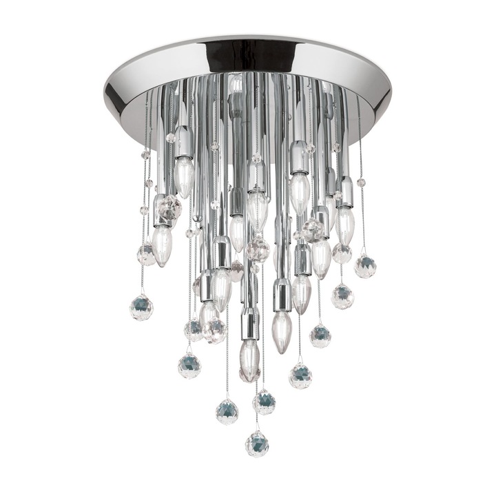 Plafoniera GALAXY cu 19 becuri si pandantive cristal Swarovski, E14 cadru alama masiva placata cu crom ORION