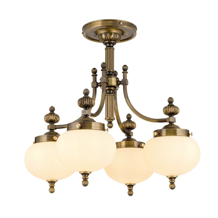 Плафон NOSTALGIE, 4 лампи E27, масивен античен месинг, абажур от опалово стъкло, диаметър 58см ORION