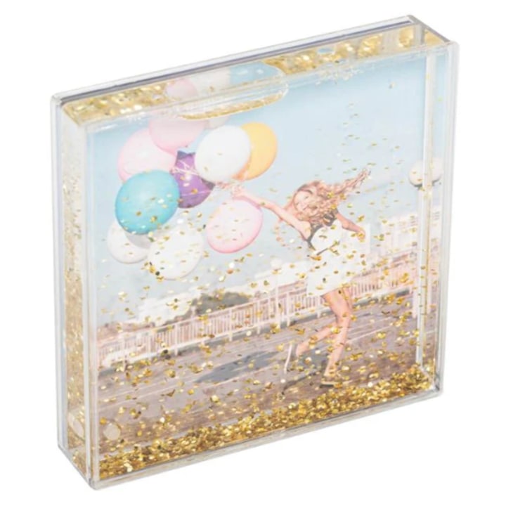 Átlátszó dekoratív képkeret arany glitter 11x11cm
