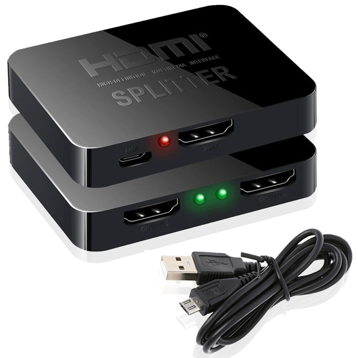 HDMI 4K videoelosztó, 1 a 2-ben kimenet 4K 1x2, csak képernyő másolása/tükrözése (nem bővíthető), 3D támogatás, 1 forrás másolása 2 HDMI képernyőre egyszerre, HDCP 1.4, fekete