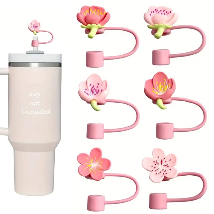 Комплект от 6 силиконови капака за сламки, SINBINTA, Аксесоари за чаши, Съвместим със сламки 10 mm, Защита от прах, Устойчив на течове, Без BPA, За многократна употреба, Лесен за пране, пренасяне и използване, Дизайн на цветя, Розов