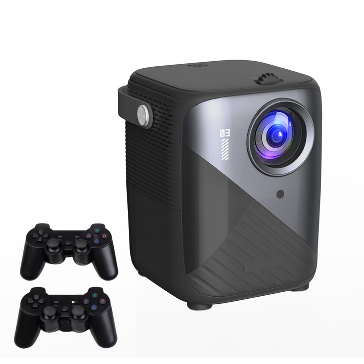 ILIKE 4K Android Smart játék projektor, 150 ANSI lumen, natív 1024*600P, hordozható vetítő, manuális fókusz és automatikus trapézkorrekció, beépített játékkontroller, Bluetooth, WiFi, telefon tükrözés, USB, HDMI, audio, fekete