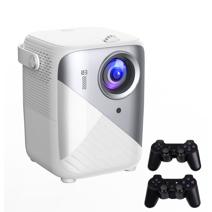 ILIKE 4K Android Smart játék projektor, 150 ANSI lumen, natív 1024*600P, hordozható vetítő, manuális fókusz és automatikus trapézkorrekció, beépített játékkontroller, Bluetooth, WiFi, telefon tükrözés, USB, HDMI, audio, fehér