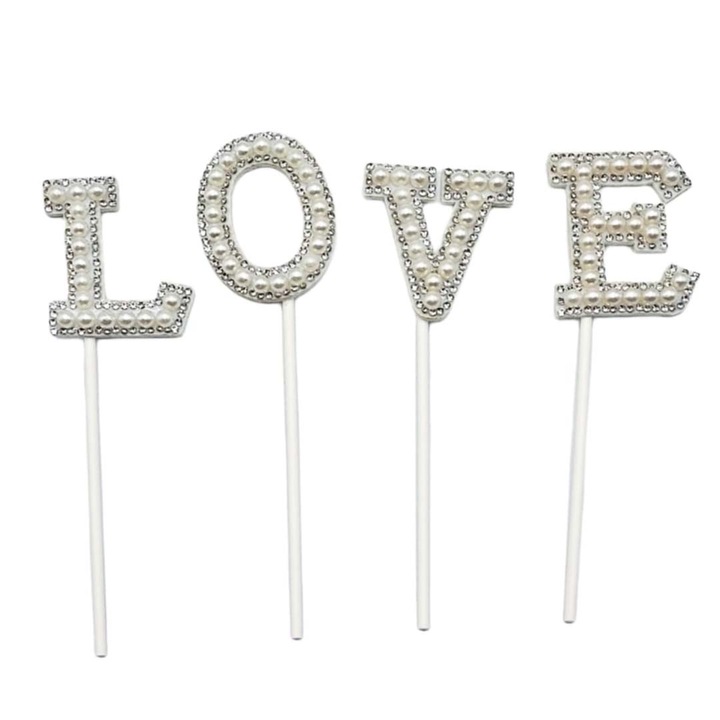 Topper - Decoratiune Tort - Mesaj LOVE - Margele & Strasuri - Argintiu & Alb - Cake Decorations - A14162