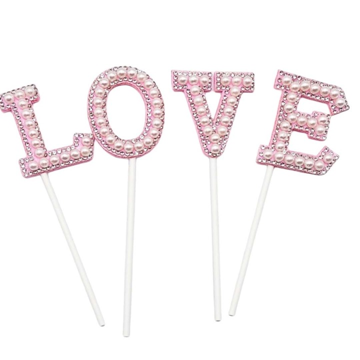 Topper - Decoratiune Tort - Mesaj LOVE - Margele & Strasuri -Roz - Cake Decorations - A14162