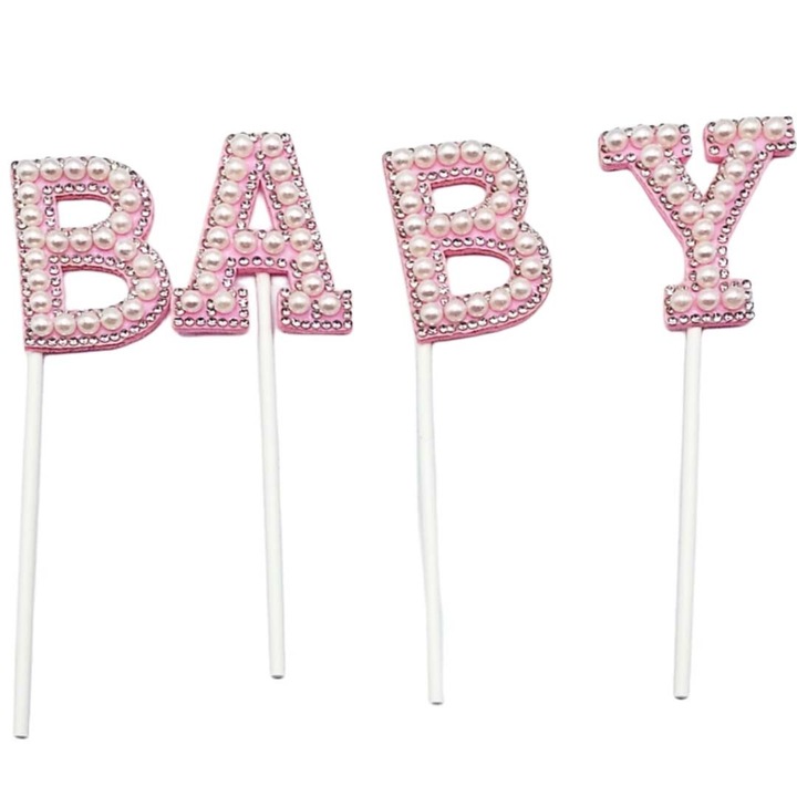 Topper - Decoratiune Tort - Mesaj BABY- Margele & Strasuri - Roz - Cake Decorations - A14162