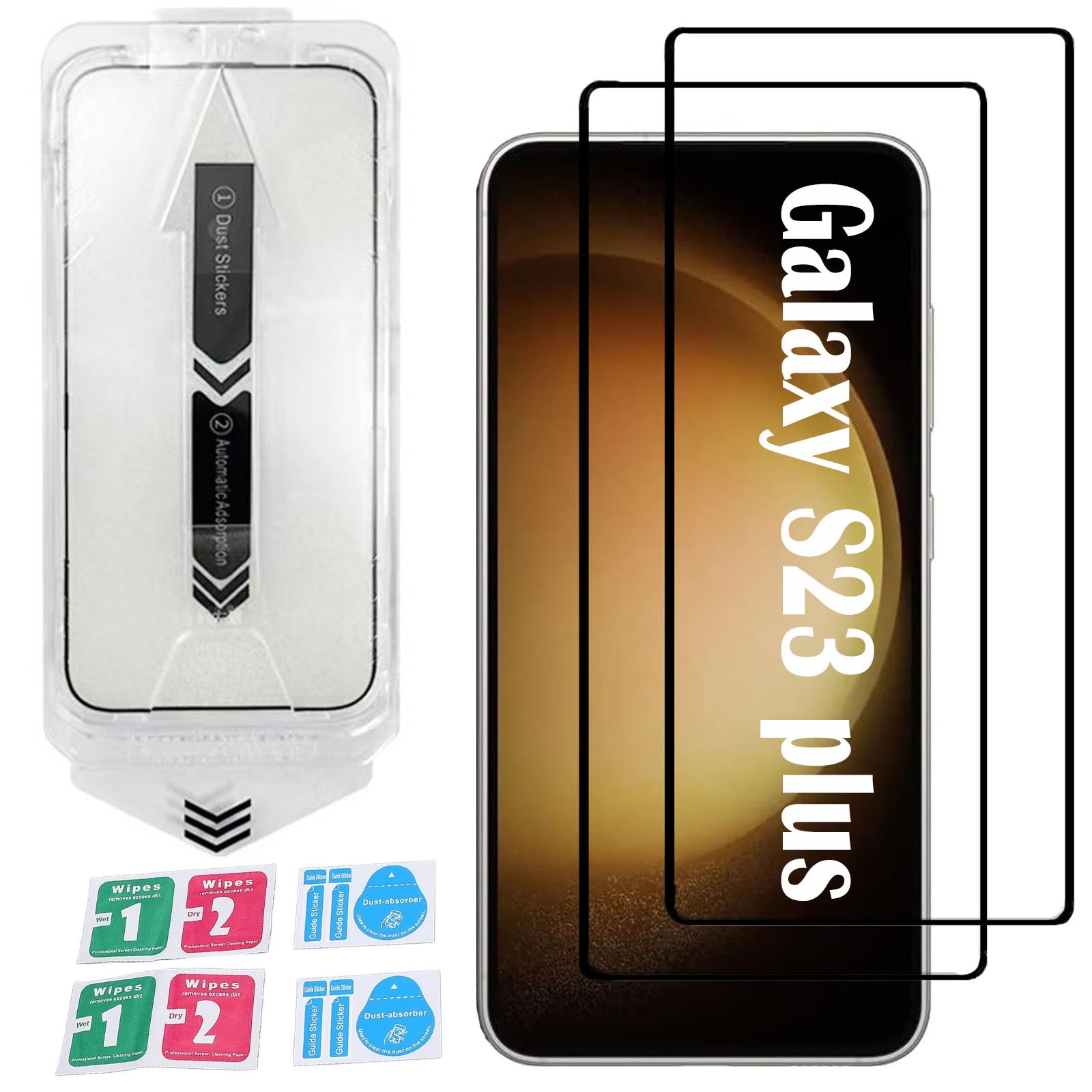 Set 2 folii sticla pentru Samsung Galaxy S23 Plus, Hggzeg, Folie sticla protectie telefon, Folie de inalta definitie, Cu dispozitiv de montare automata in 30 de secunde, 9H+, Tratament electronic oleofobic si anti amprente, Transparent