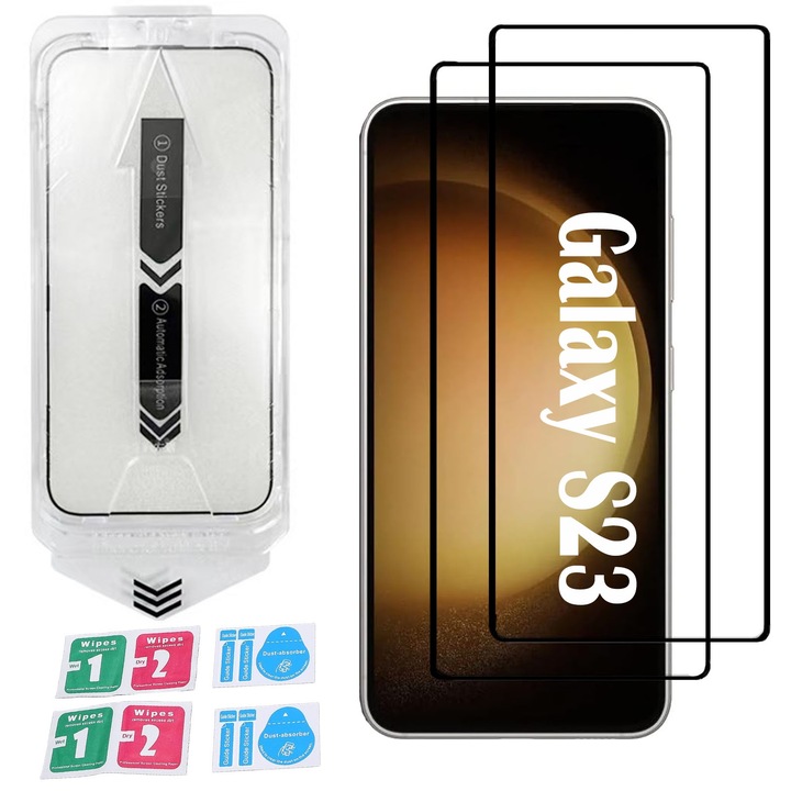 2 db-os üvegfólia készlet Samsung Galaxy S23-hoz, Hggzeg, Telefonvédő üvegfólia, Nagyfelbontású fólia, Automatikus rögzítőeszközzel 30 másodperc alatt, 9H+, Oleofób és ujjlenyomat-gátló elektronikus kezelés, Átlátszó