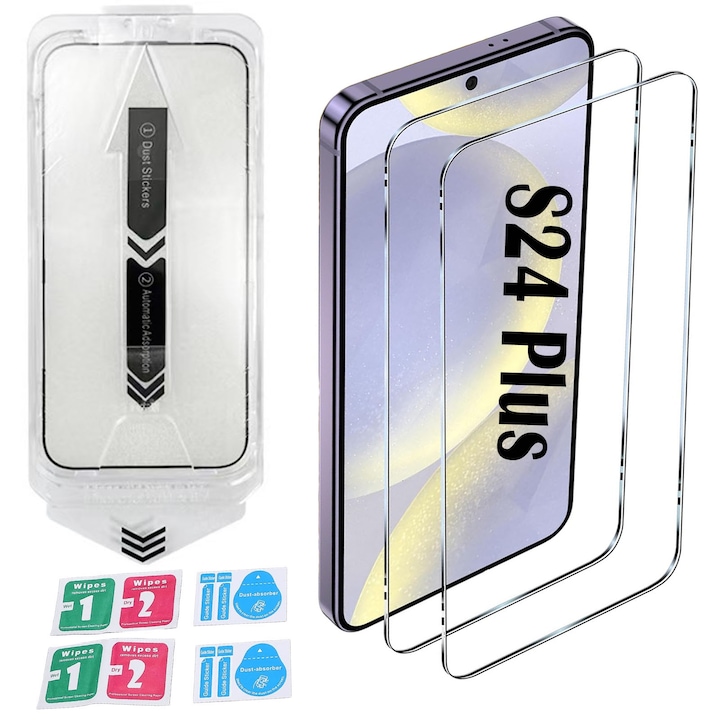2 db-os üvegfólia készlet Samsung Galaxy S24 Plus-hoz, Hggzeg, Telefonvédő üvegfólia, Nagyfelbontású fólia, Automatikus rögzítőeszközzel 30 másodperc alatt, 9H+, Oleofób és ujjlenyomat-gátló elektronikus kezelés, Átlátszó