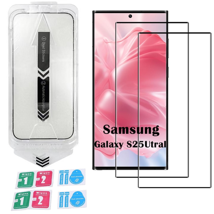 2 db-os üvegfólia készlet Samsung Galaxy S25 ultra-hoz, Hggzeg, Telefonvédő üvegfólia, Nagyfelbontású fólia, Automatikus rögzítőeszközzel 30 másodperc alatt, 9H+, Oleofób és ujjlenyomat-gátló elektronikus kezelés, Átlátszó