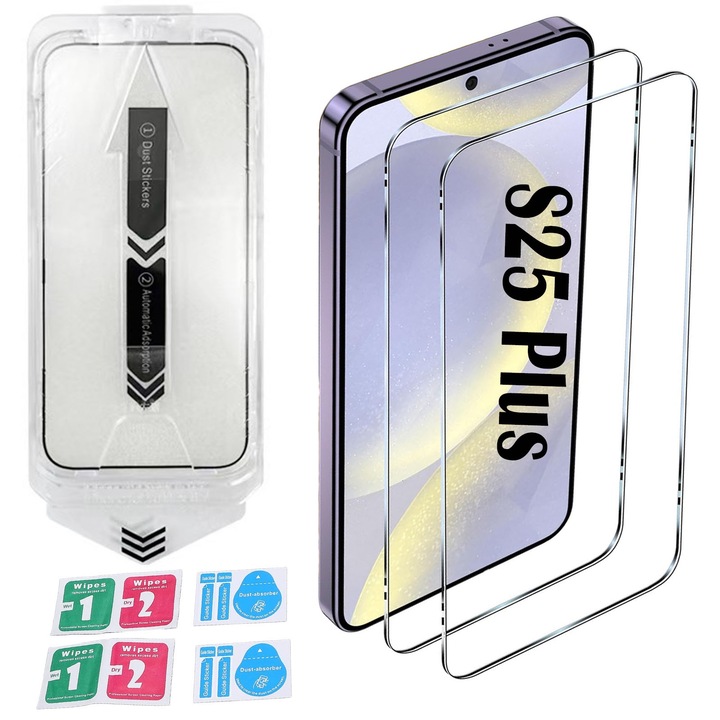 2 db-os üvegfólia készlet Samsung Galaxy S25 Plushoz, Hggzeg, Telefonvédő üvegfólia, Nagyfelbontású fólia, Automatikus rögzítőeszközzel 30 másodperc alatt, 9H+, Oleofób és ujjlenyomat-gátló elektronikus kezelés, Átlátszó