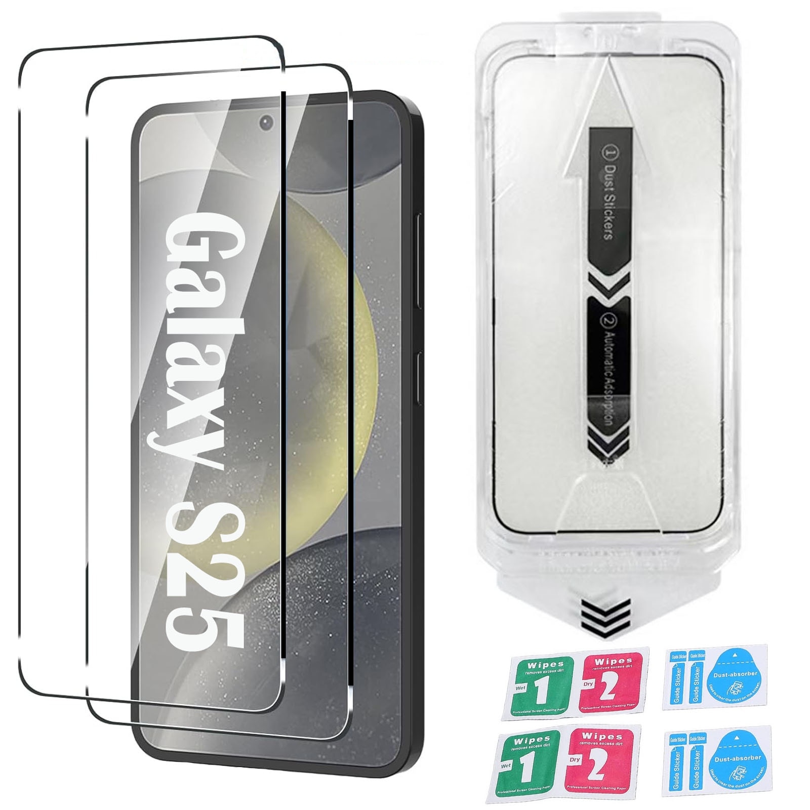 Set 2 folii sticla pentru Samsung Galaxy S25, Hggzeg, Folie sticla protectie telefon, Folie de inalta definitie, Cu dispozitiv de montare automata in 30 de secunde, 9H+, Tratament electronic oleofobic si anti amprente, Transparent