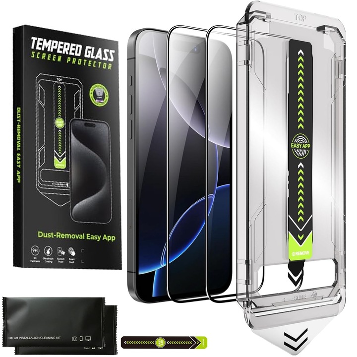 2db üvegfólia készlet iPhone 15Plus/16Plushoz, Hggzeg, Telefonvédő üvegfólia, Nagyfelbontású fólia, Automatikus rögzítőeszközzel 30 másodperc alatt, Könnyű és gyors 1:1 szerelés, Vízálló, Karcolásgátló, Leesésgátló, Átlátszó