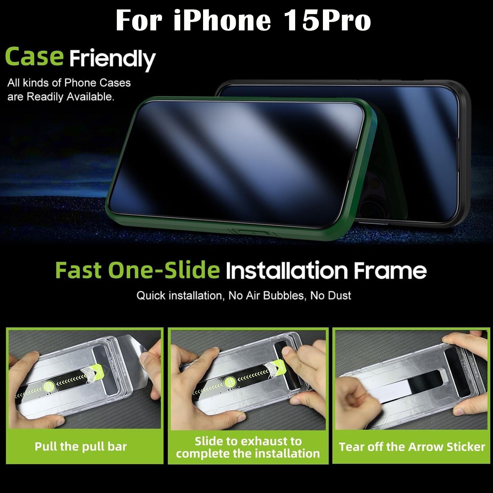 Set 2 folii sticla pentru iPhone 15Pro, Hggzeg, Folie sticla protectie telefon, Folie de inalta definitie, Cu dispozitiv de montare automata in 30 de secunde, Instalare 1:1 usoara si rapida, Impermeabil, Antizgarieturi, Anticadere, Transparent