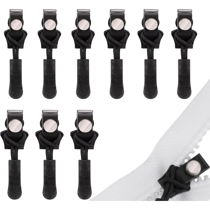 Kit de reparatie fermoar 9 piese reutilizabile, 3 marimi diferite, Salestore.ro® inlocuire fermoar rapid si usor, glisor universal pentru reparatie imbracaminte, Metal/Nylon, Negru