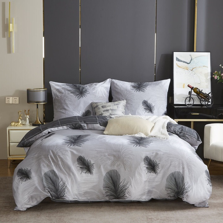 Lenjerie de pat, Spod Igly i Nitki, 220x200cm, gri, cu motive de pene