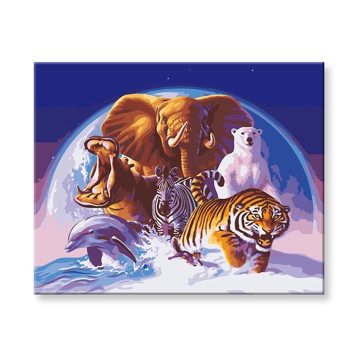 Set pictura pe numere Animale de colorat Elefant, Zebra, Urs polar, Tigru, Delfin, Hipopotam 40x50cm, panza fara rama