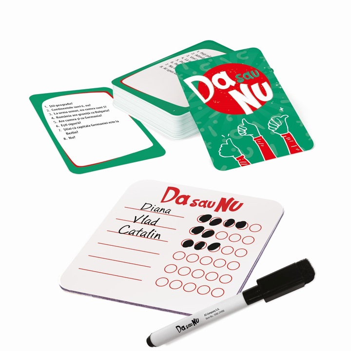 Joc de societate ANGMAD- Da sau Nu, 2-6 jucatori, contine: 60carduri de joc, 1cartonas pentru scor reutilizabil, 1marker cu radiera, instructiunile de joc, varsta minima 7+ani, verde multicolor