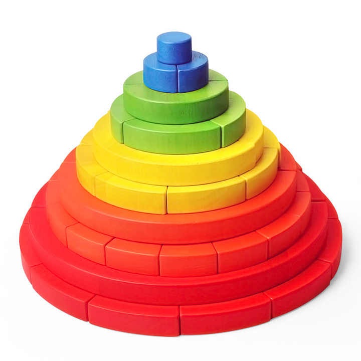 Set cuburi din lemn, Curcubeu Montessori educativ, de construit turn cu forme geometrice, multicolor, 15 x 30 x 30 cm, 30 piese
