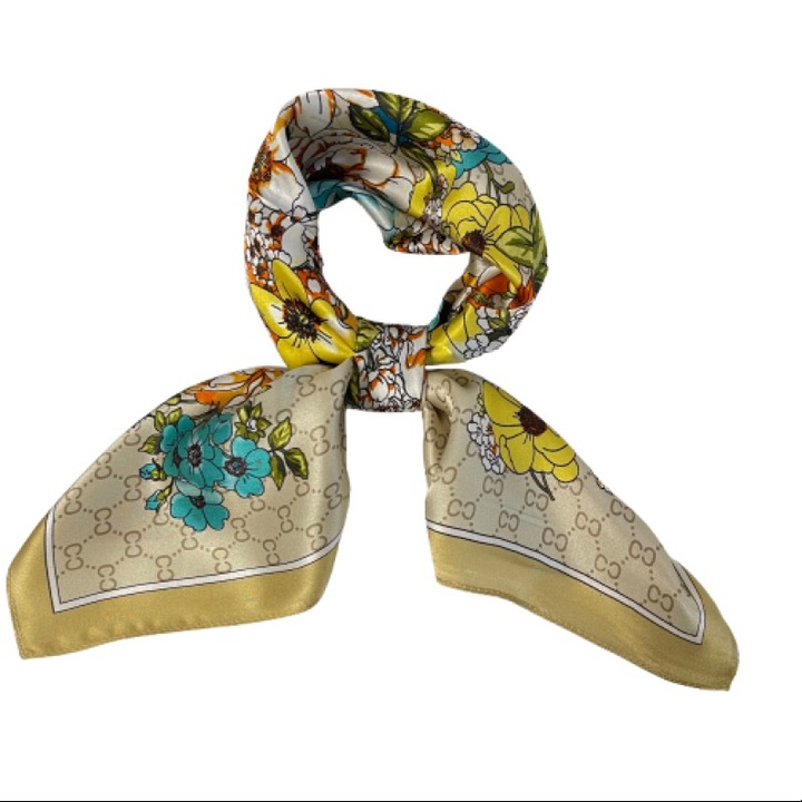 Természetes selyem sál, virágmintás, 70x70 cm