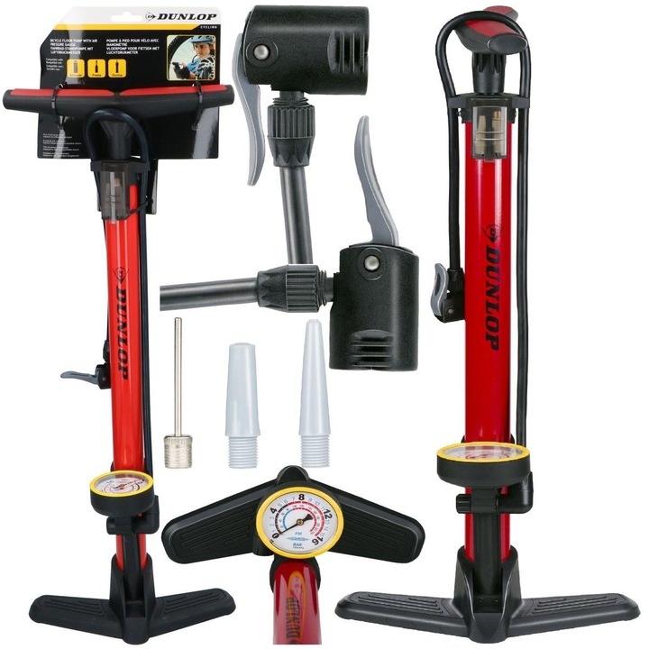 Dunlop kerékpárpumpa, 230 PSI (16 Bar), manométerrel, piros, 24x12x60-100cm