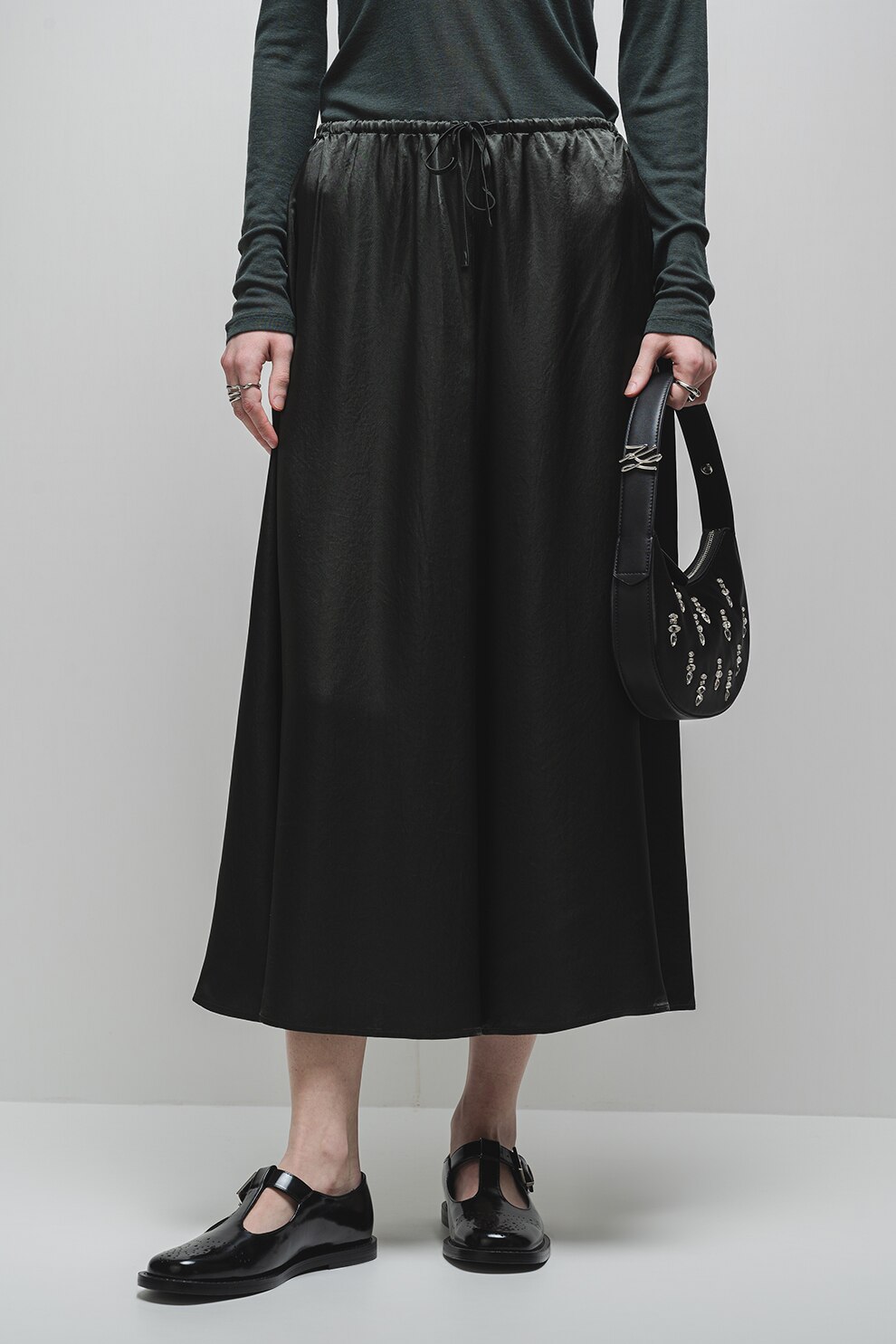 Stefanel, Fusta midi din satin cu croiala evazata, Verde englez, S