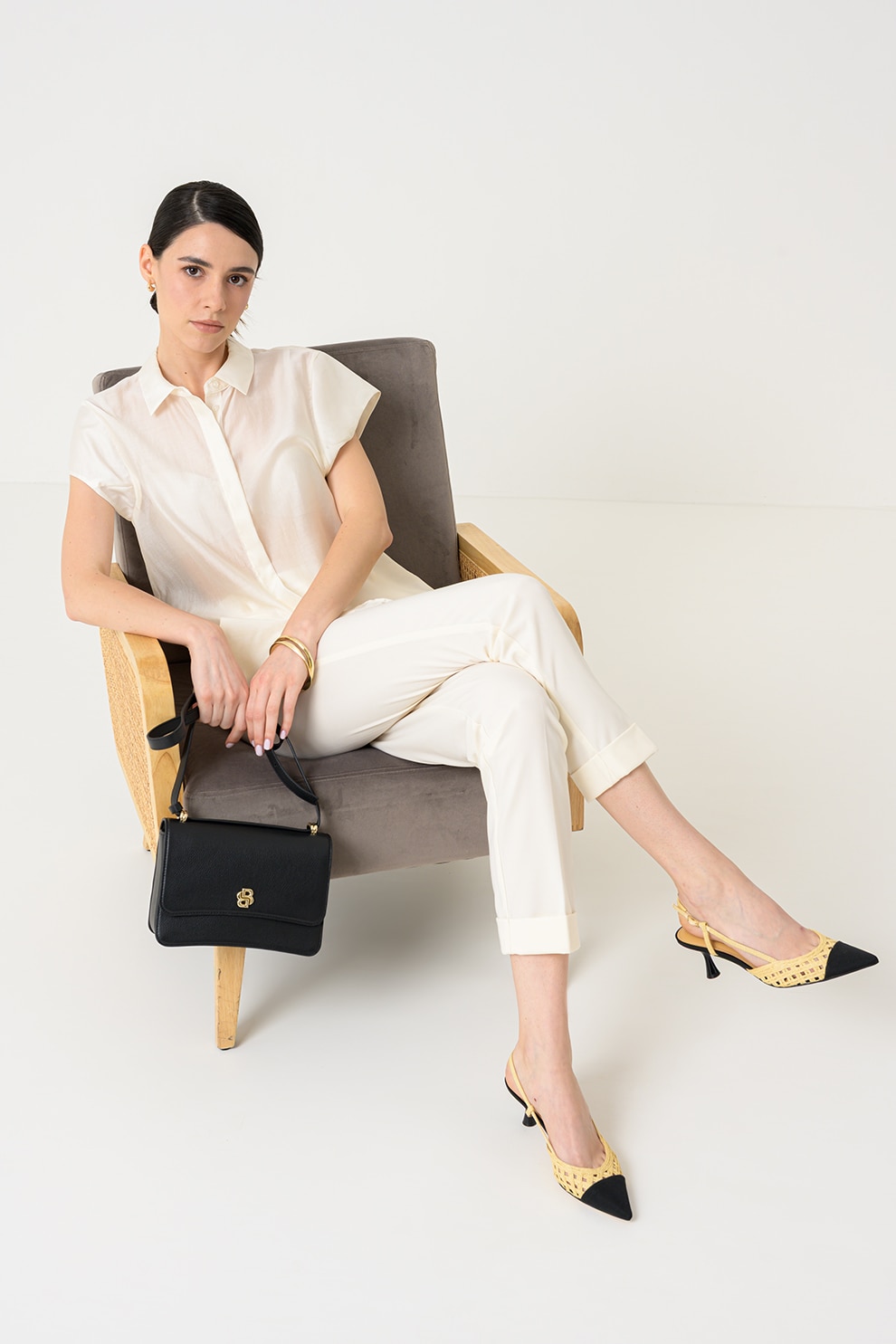 Stefanel, Camasa semi-transparenta cu maneci scurte, Crem, M
