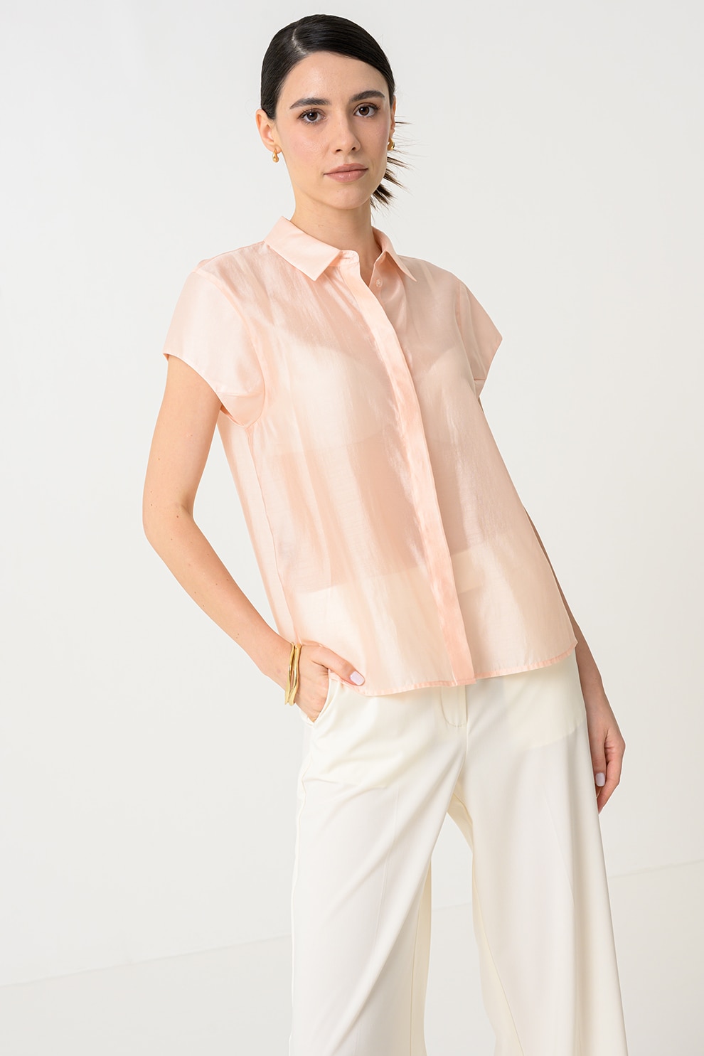 Stefanel, Camasa semi-transparenta cu maneci scurte, Piersica, M