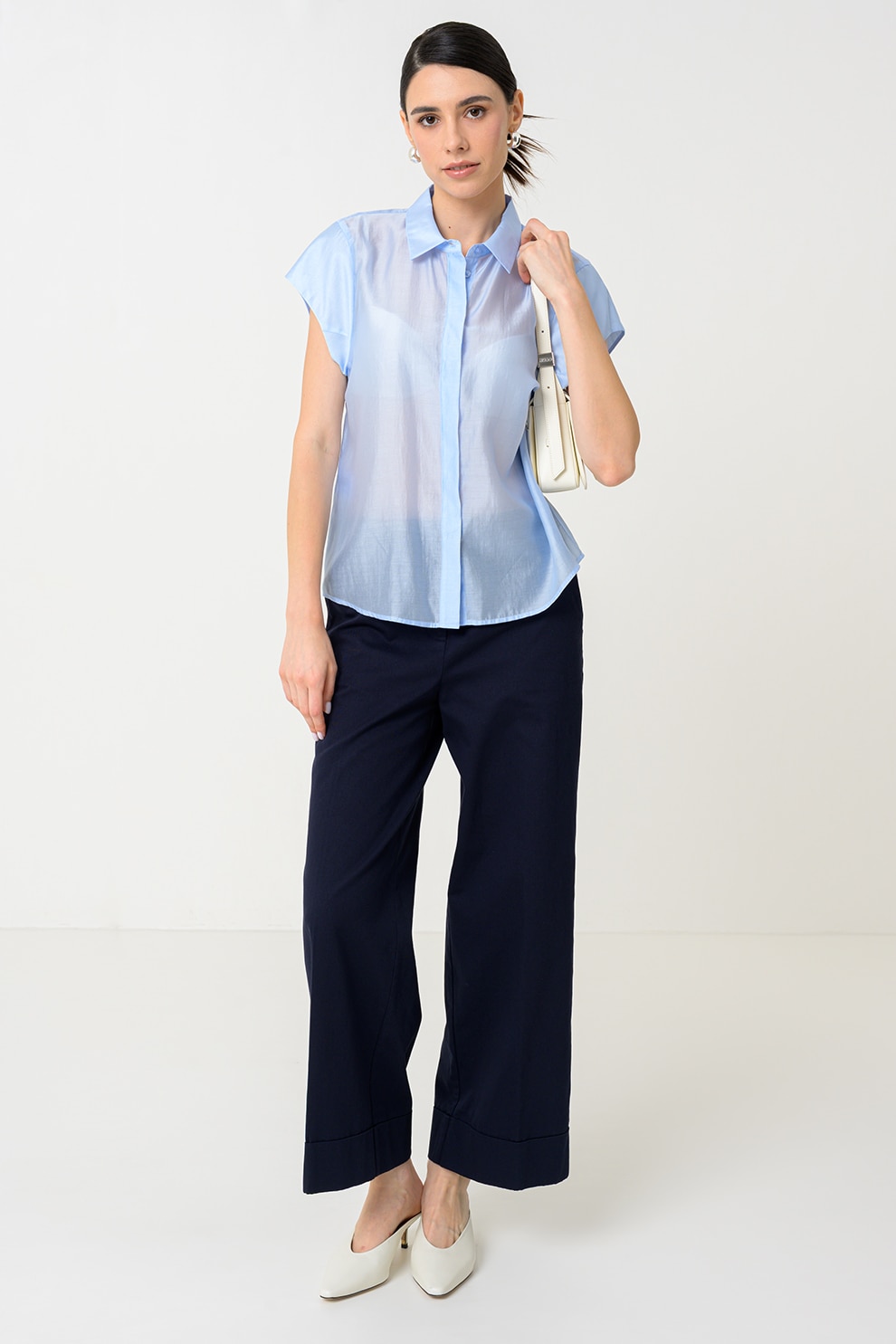 Stefanel, Camasa cu maneci scurte, semi-transparenta, Albastru pastel, L