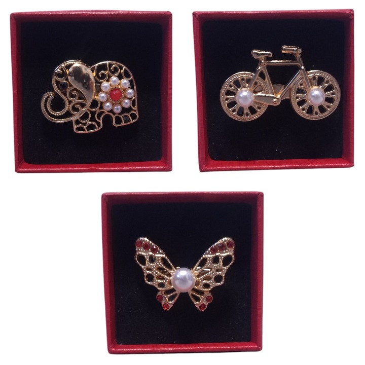 Set 3 Martisoare 3D Tip Brosa Aurie Cu Perle, Model Elefant, Bicicleta Si Fluture, Vision XXI, In Cutie Rosie