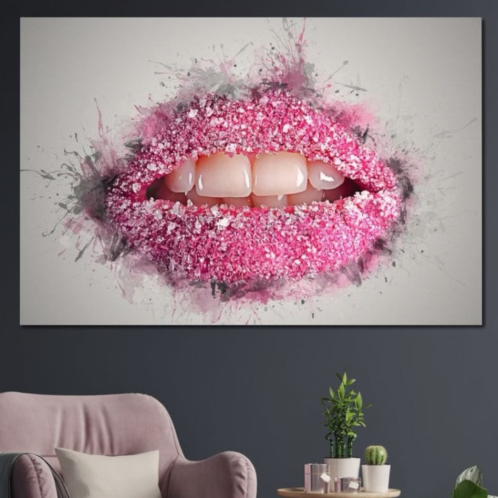 Премиум картина върху платно, LuxCanva® E1045, Сладост на розовите устни, 100 X 155 см, 100% памучно платно 400 г/м2, дървена рамка, Целувка, Вкус, Захар, Наслада, Аромат, Хол, Ярки цветове