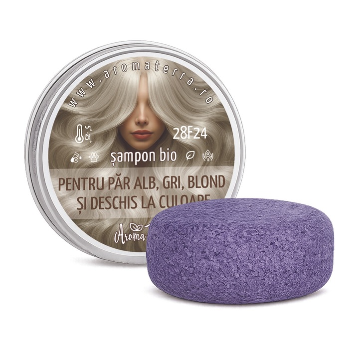 Sampon solid natural AromaTerra cu floarea de colt si pantenol, pentru par alb, gri, decolorat, blond argintiu si platinat, 55g