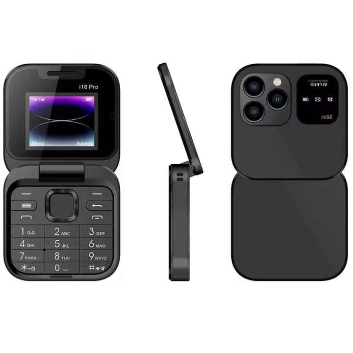Telefon mobil mini cu ecran dublu, butoane mari, lanterna LED, camera foto, 2 x Nano SIM, player muzical, radio, negru