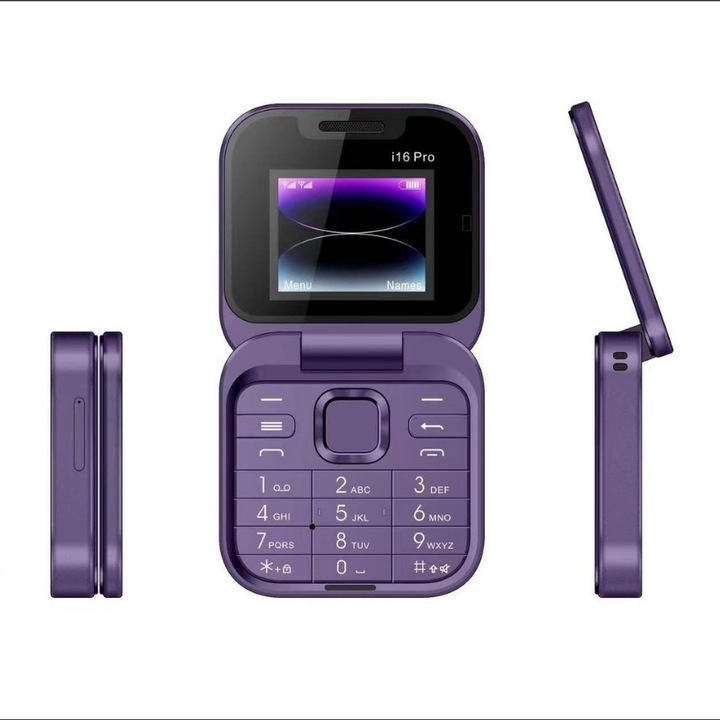 Мини мобилен телефон с двоен екран, големи бутони, LED фенерче, камера, 2 x Nano SIM, музикален плейър, радио, лилав