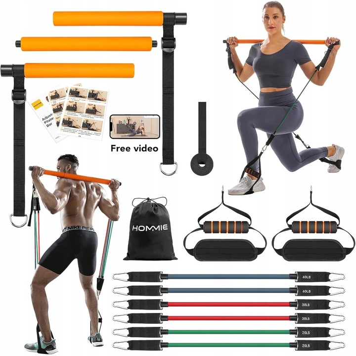 Set Pilates Hommie cu 6 benzi de rezistenta, 3 sectiuni, multicolor, 12 inch