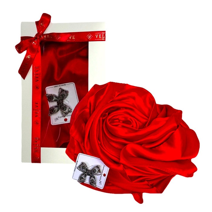 Selymes női csomag, elegáns sállal és brosssal, elegáns dobozban, Piros, Bársony