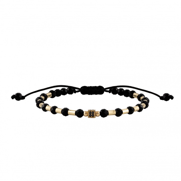 Bratara cu bile, cilindri de Aur si Onix, patrat cu Zirconiu, pe snur Royalstone, marime 14-16.5 cm