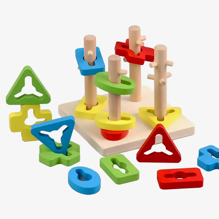Joc lemn tip Montessori cu 4 coloane sortatoare forme geometrice, dezvolta abilitati motorii fine, multicolor
