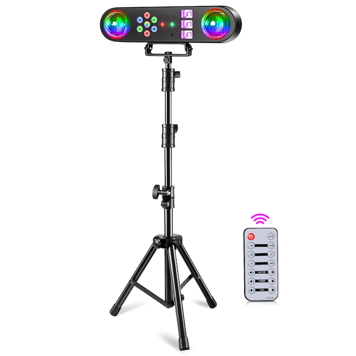 Sistem de Lumini Mobil VENTART pentru Scena, cu Laser, Stroboscop si 2 Globuri Disco, Control cu Telecomanda, 30W, LED, pentru DJ, Show-uri, Concerte, Petreceri, Negru