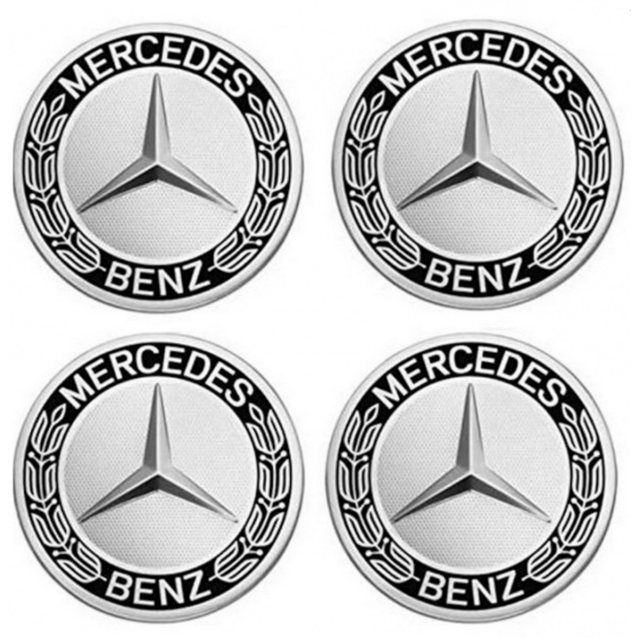 Комплект 4 капачки 75мм Mercedes Benz ЧЕРНИ+СРЕБРИСТИ за лети джанти с фиксиращ пръстен