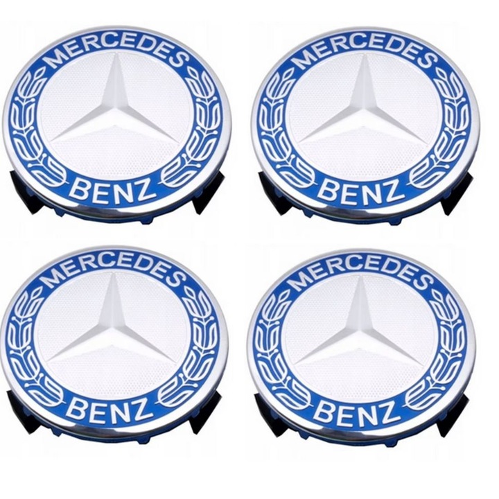 Set 4 capace Mercedes Benz, 75mm, ARGINTIU ALBASTRU DESCHIS, pentru jante aliaj cu inel de fixare