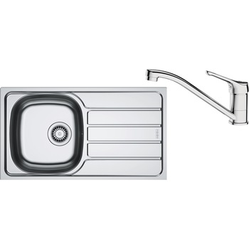 Pachet chiuveta bucatarie inox Franke SKL 611-78/44 DR, dreptunghiulara, 1 cuva si picurator pe partea dreapta, 78x43.5x15 cm, adancime cuva 15 cm + Baterie Basic Crom, discuri ceramice, furtunuri flexibile inox, Inox dekor