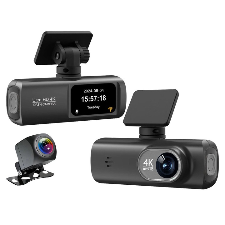 Camera video auto DVR ZYTEQ®️, Ultra HD 4K 2160P, WIFI, ecran IPS 1.47 inch, unghi 170°, Night Vision, G-senzor, filmare zi si noapte, inregistrare in bucla, monitorizare parcare, camera video marsarier inclusa, neagra
