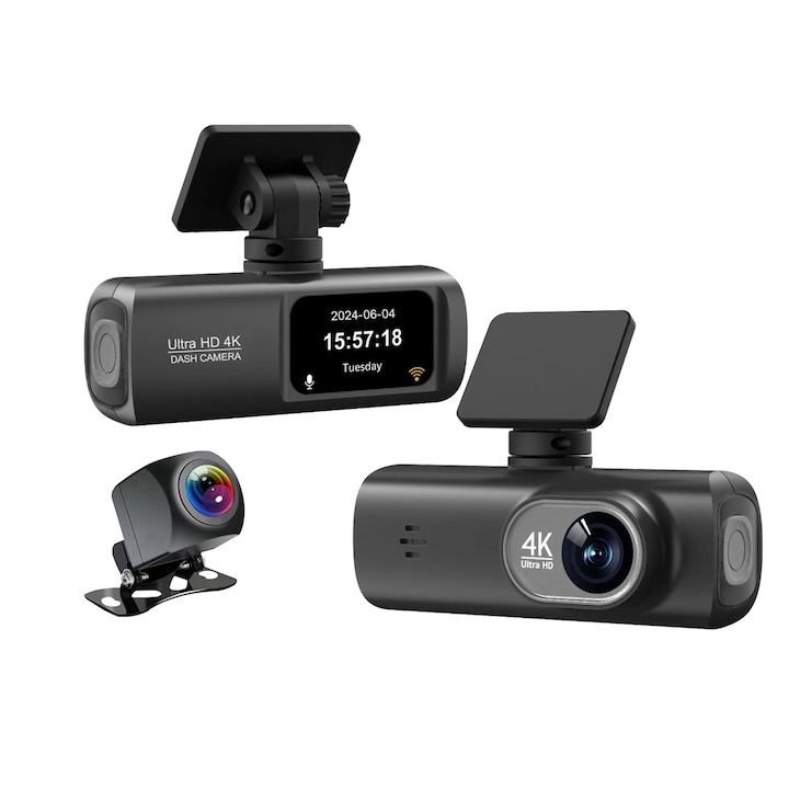 DVR за кола, Ultra HD 4K 2160P, WIFI, 1,47 инча IPS екран, ъгъл 170°, Нощно виждане, G-сензор, дневен и нощен запис, цикличен запис, наблюдение на паркиране, включена камера за заден ход, черен
