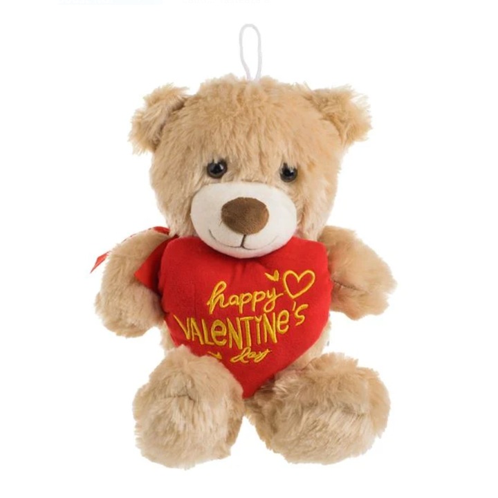 Бежово плюшено мече с червено сърце "Честит Свети Валентин" 24см
