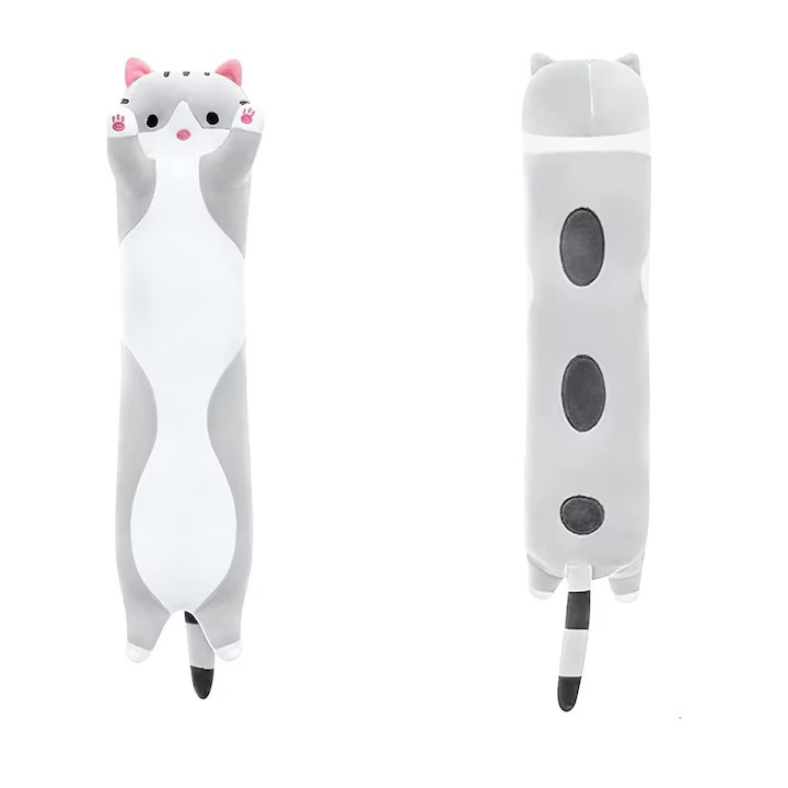 Плюшена играчка котка, модел възглавница, хипоалергенен пълнеж, дължина 70 см, кафяво-бял цвят, предназначена както за деца, така и за възрастни