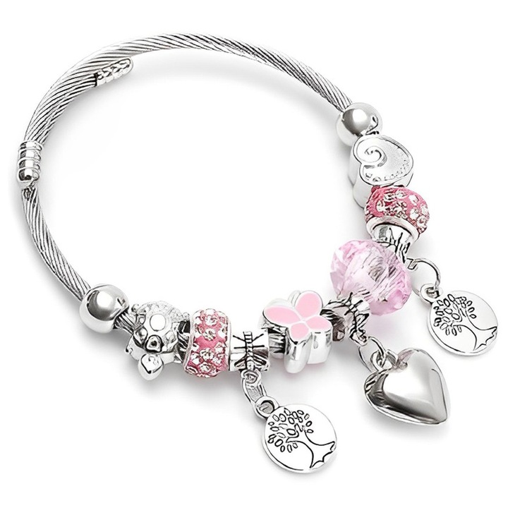 Дамска гривна Pandora с талисмани, неръждаема стомана, циркониеви камъни, сребриста/розова, включва кутии за бижута