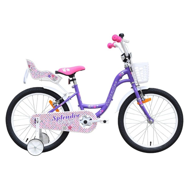 Детски велосипед NOVOKIDS™ Splend'Or Boom PRO Edition, с кош за кукли, 18" инчови колела, максимум 45 кг, стоманена рамка, подвижни тренировъчни колела, регулируемо по височина кормило, лилаво